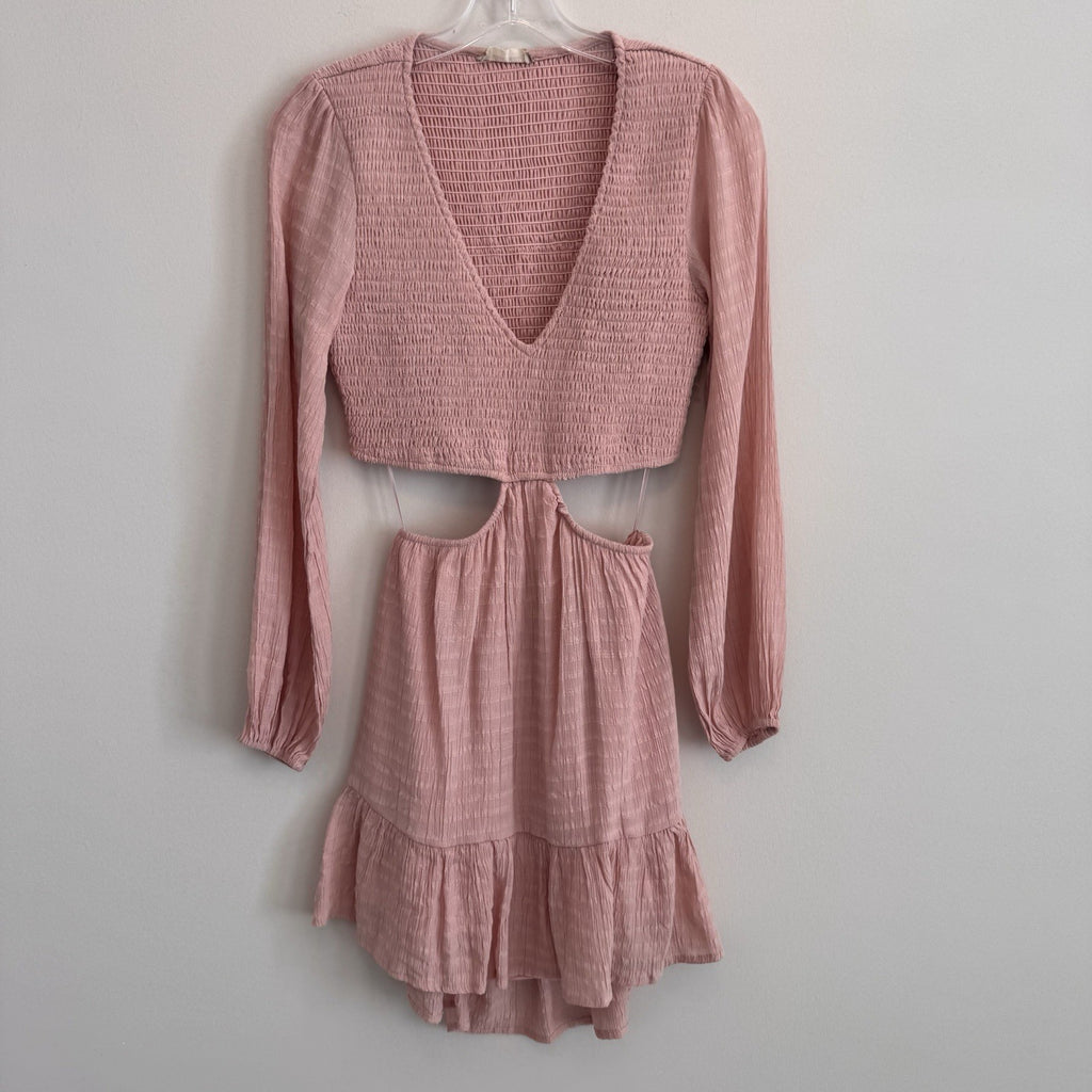 Altar'd State Pink Cutout Mini Dress Small Boho Smocked Long Sleeve Women’s