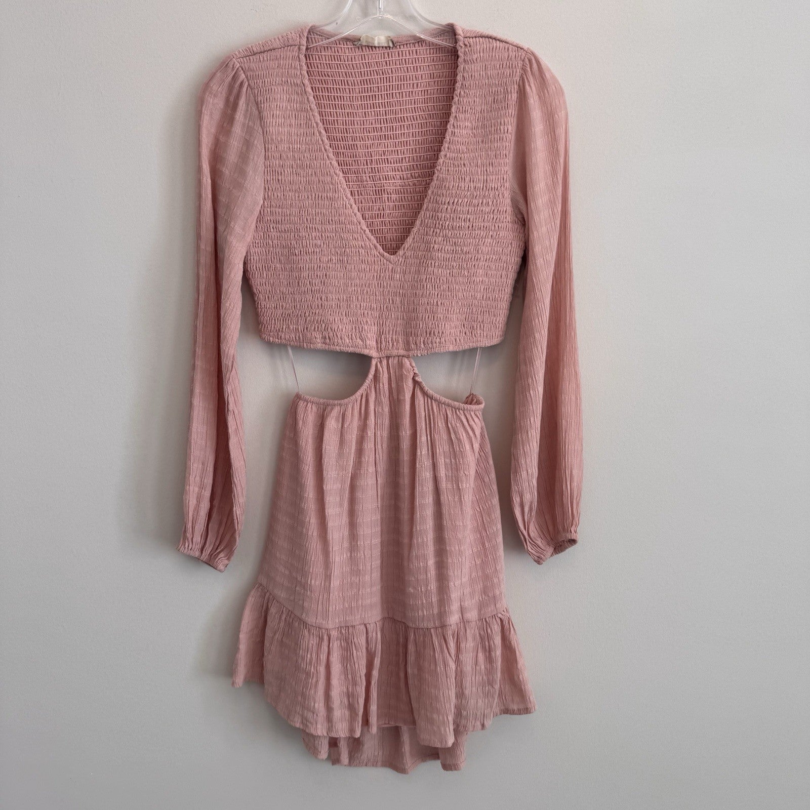 Altar'd State Pink Cutout Mini Dress Small Boho Smocked Long Sleeve Women’s