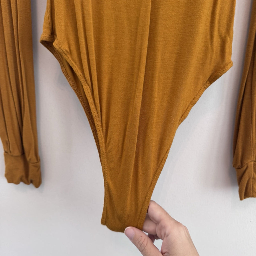 Peach Love Club Bodysuit Womens S Brown Boho Puff Sleeve V Neck