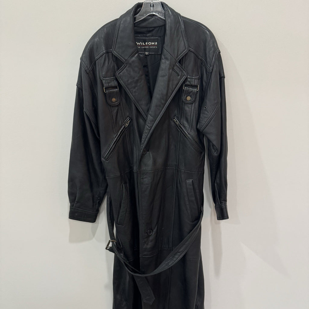 Wilsons Leather Black Trench Coat Mens Medium Belted Vintage Long Jacket
