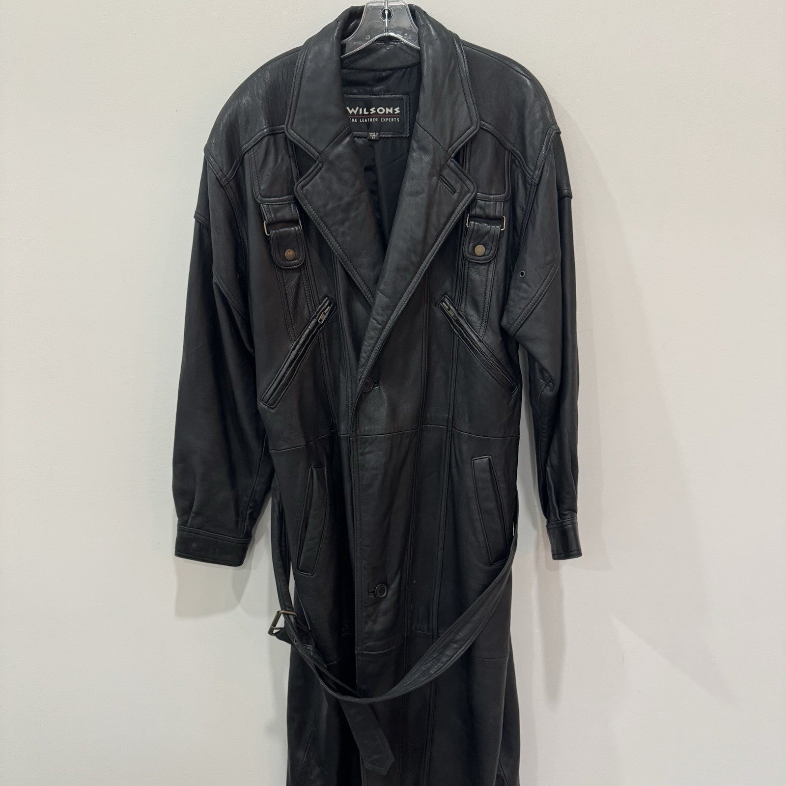 Wilsons Leather Black Trench Coat Mens Medium Belted Vintage Long Jacket