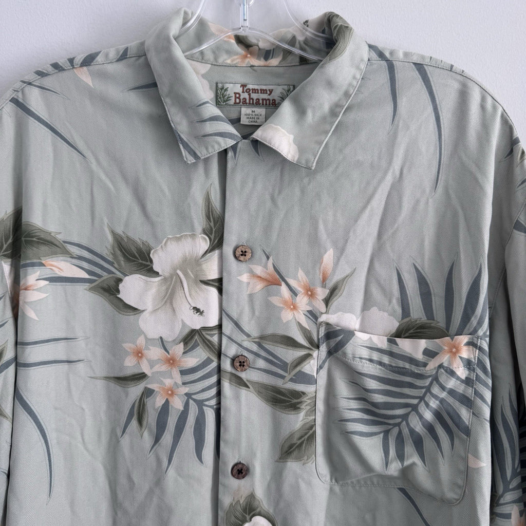Tommy Bahama Silk Hawaiian Shirt Mens Medium Green Floral Tropical