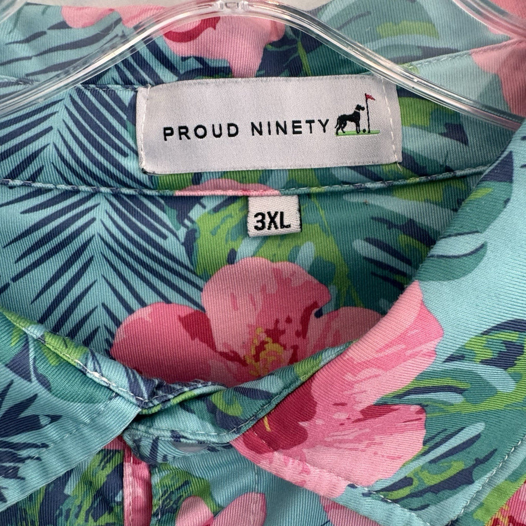 Proud Ninety Floral Golf Polo Shirt Men's Size 3XL Tropical Hibiscus Teal