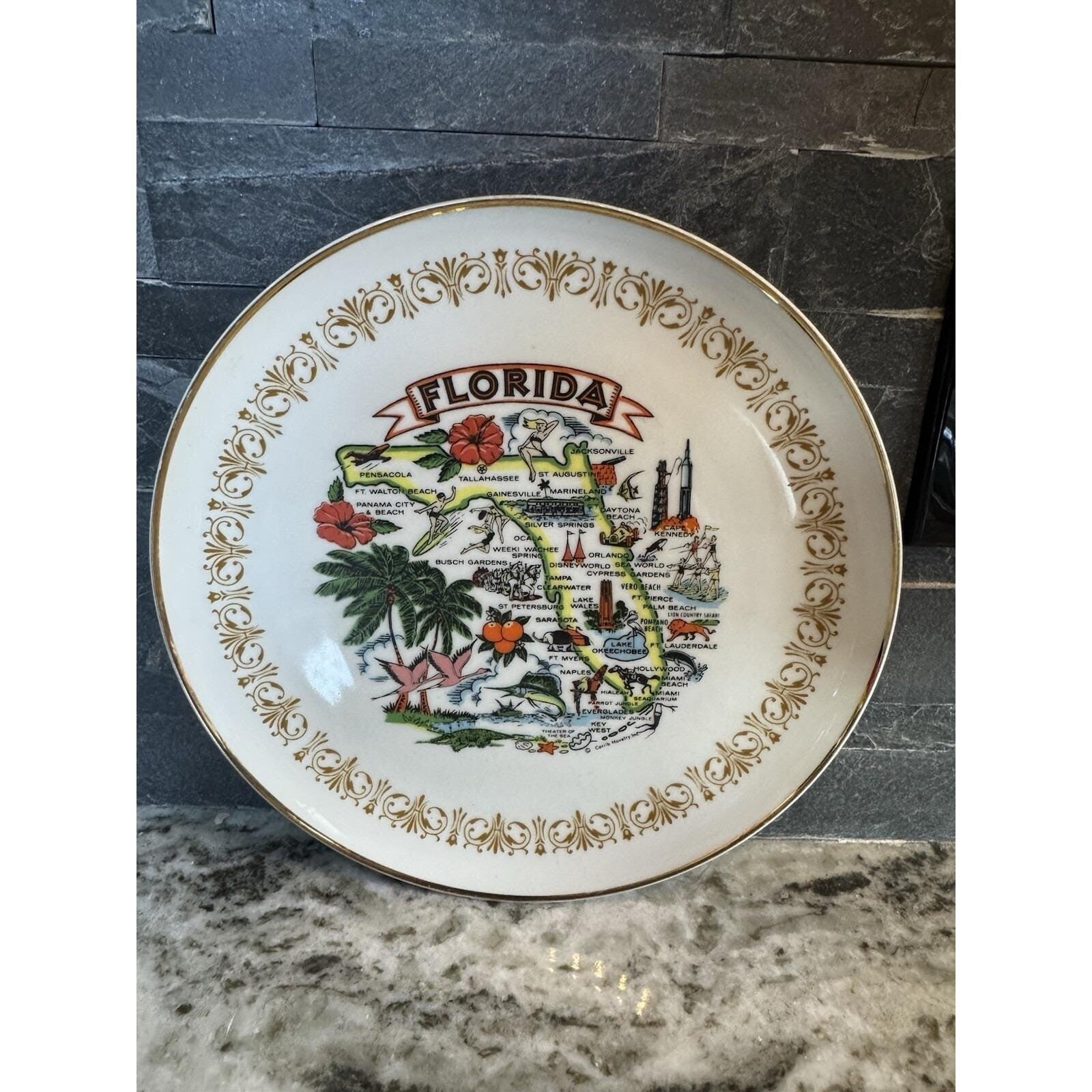 Vintage Florida Collectible Souvenir Plate 10in Gold Trimmed Sheffield Japan