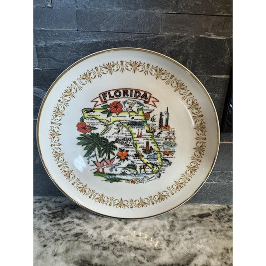 Vintage Florida Collectible Souvenir Plate 10in Gold Trimmed Sheffield Japan