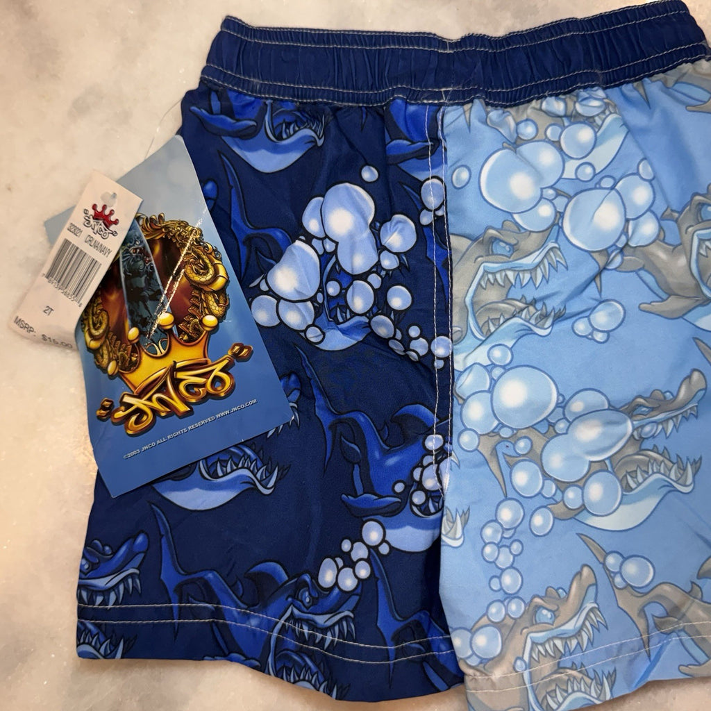 Vintage JNCO Jeans Toddler Boys 2T Swim Trunks Shark Print Blue NWT Deadstock