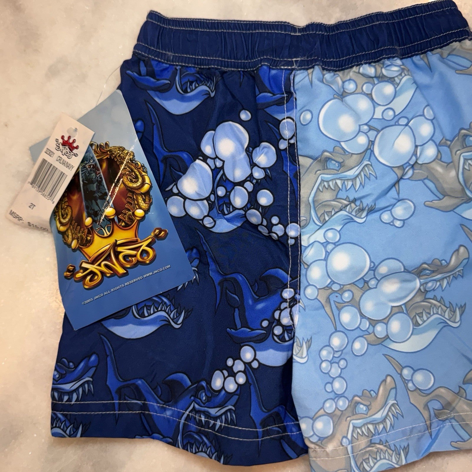 Vintage JNCO Jeans Toddler Boys 2T Swim Trunks Shark Print Blue NWT Deadstock
