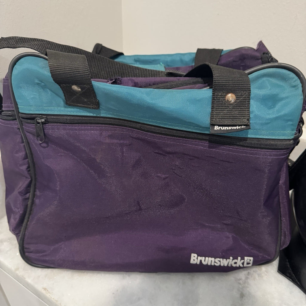 Vintage Brunswick Bowling Ball Bag with Stand And AMF Pro Ball.