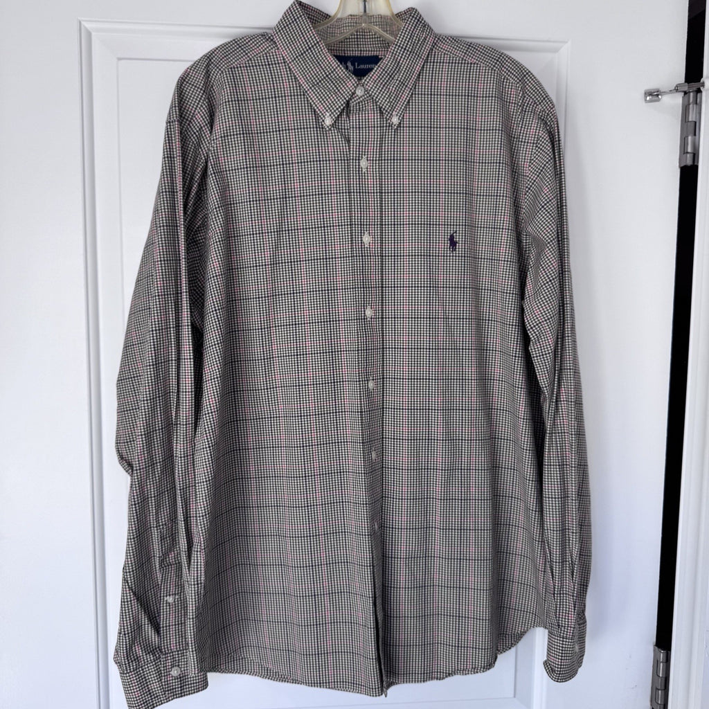 Ralph Lauren Men’s Blue Plaid Button Down Shirt Size XL 17.5 Custom Fit Cotton
