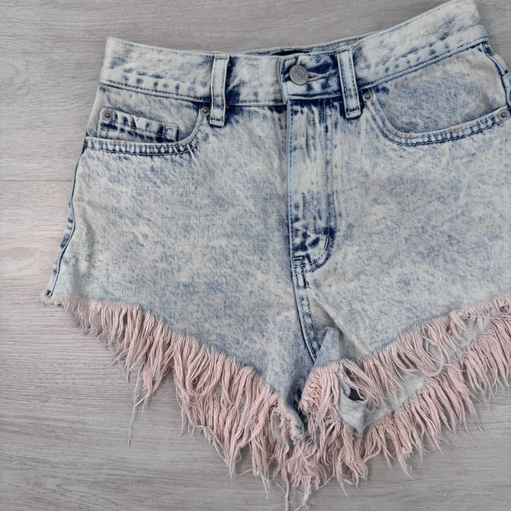 BDG Urban Outfitters High Rise Cheeky Pink Fringe Denim Shorts Acid Wash 25 Y2K