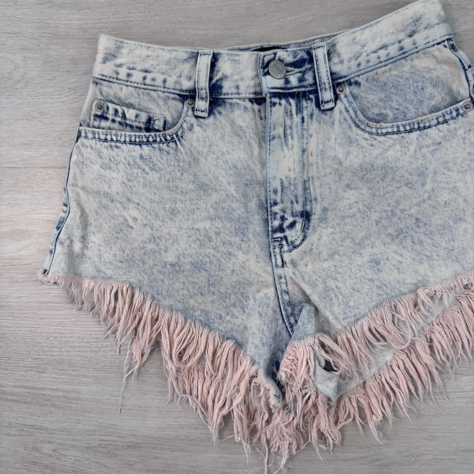 BDG Urban Outfitters High Rise Cheeky Pink Fringe Denim Shorts Acid Wash 25 Y2K