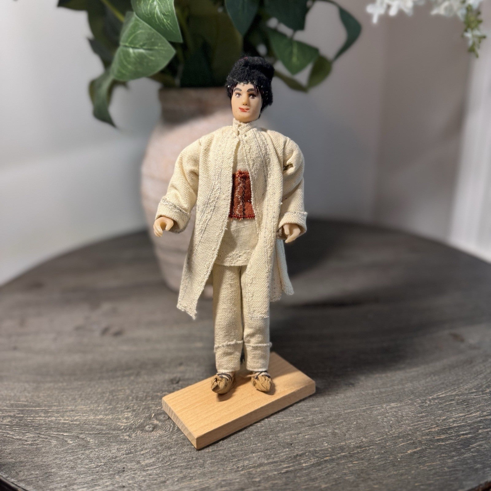 Vintage European Folk Art Male Doll 9" Hand Painted Souvenir Wooden Base Tunic