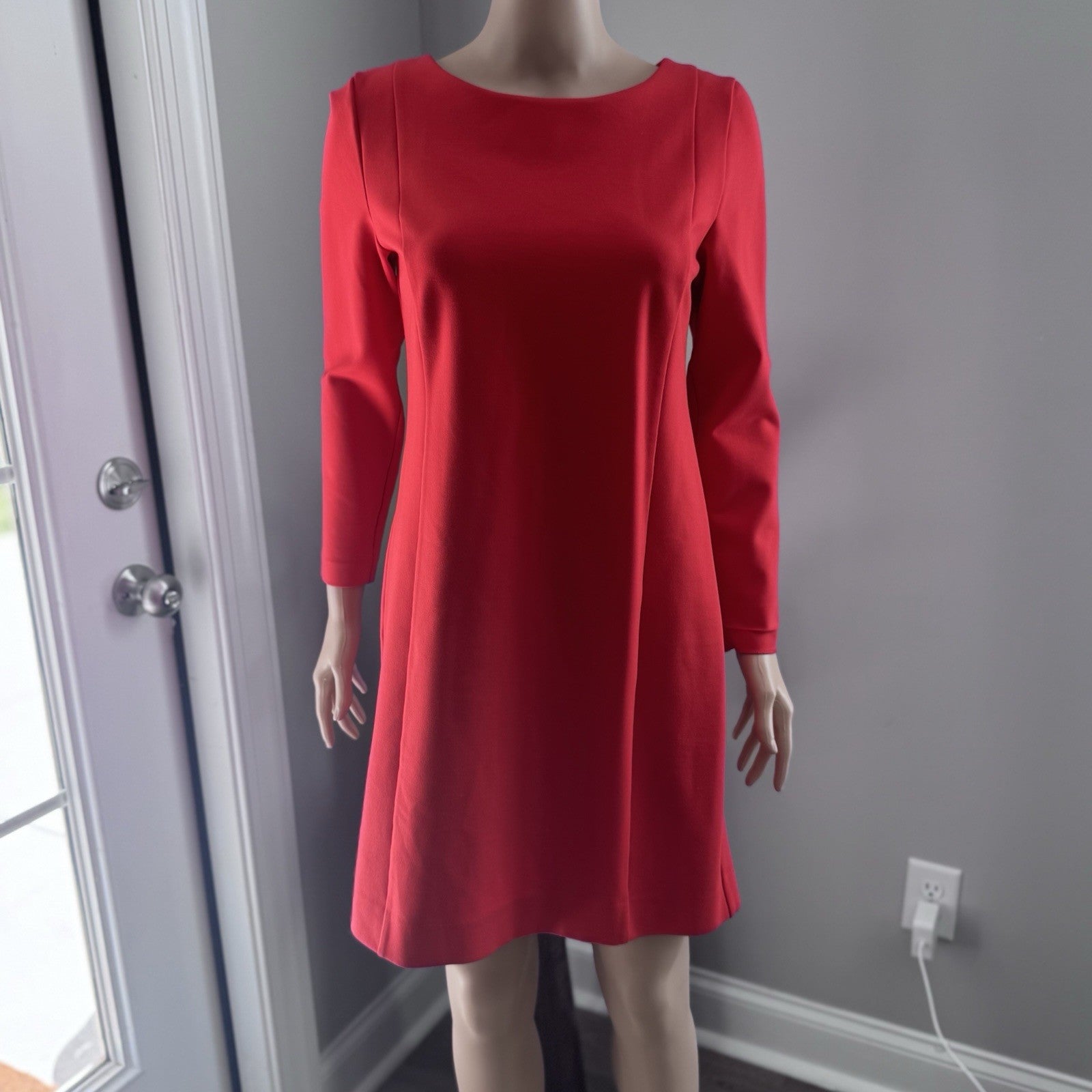 J.Crew Women’s Small Red Long Sleeve Shift Dress Back Zip Stretch Knit 