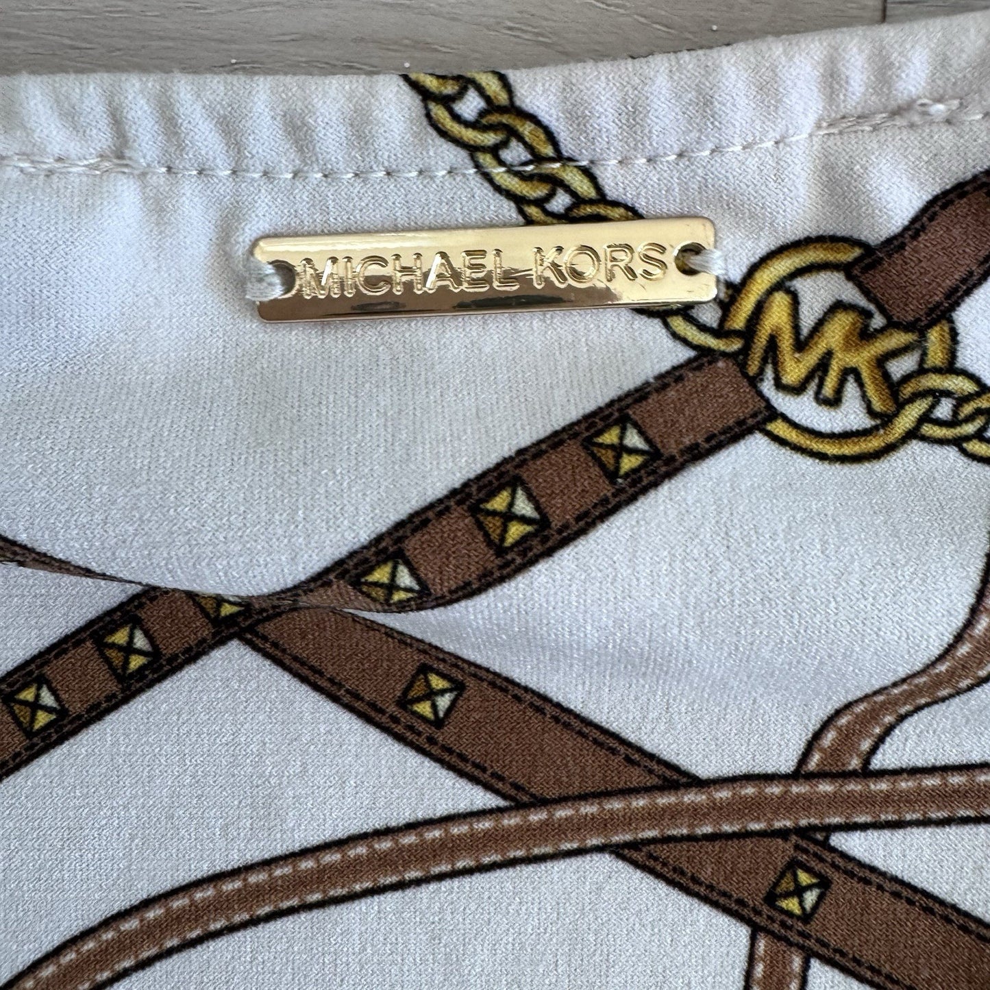 Michael Michael Kors Chain Print Wrap Top Womens Large White Gold Stretch