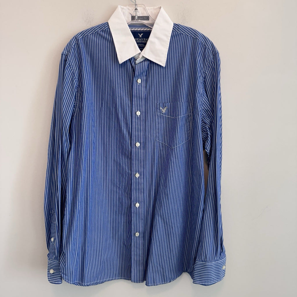 American Eagle XL Blue Stripe Button Up Shirt White Collar Vintage Fit