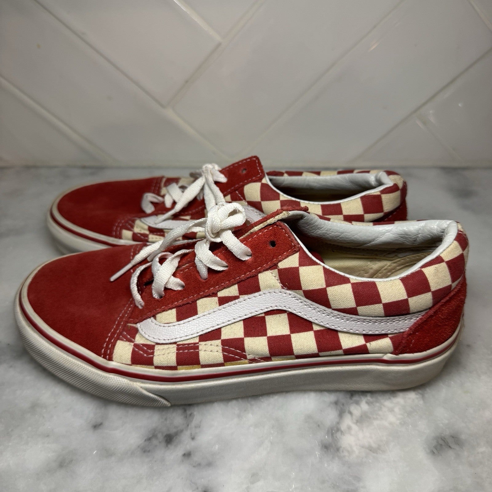 Vans Old Skool Checkerboard Red White Suede Canvas Men 5.5 Women 7
