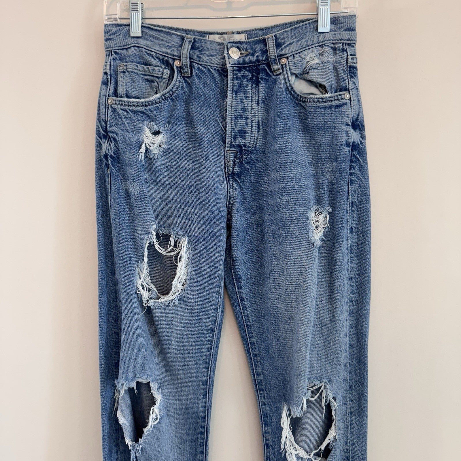 Free People Distressed Mom Jeans Womens 25 Blue Denim High Rise Button Fly Y2K
