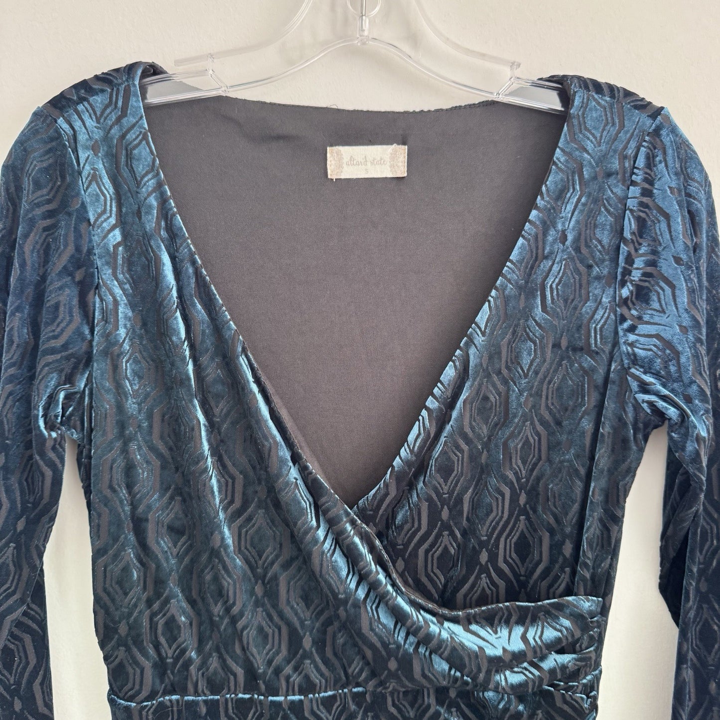 Altar’d State Velvet Wrap Dress S Teal Long Sleeve Ruched Bodycon