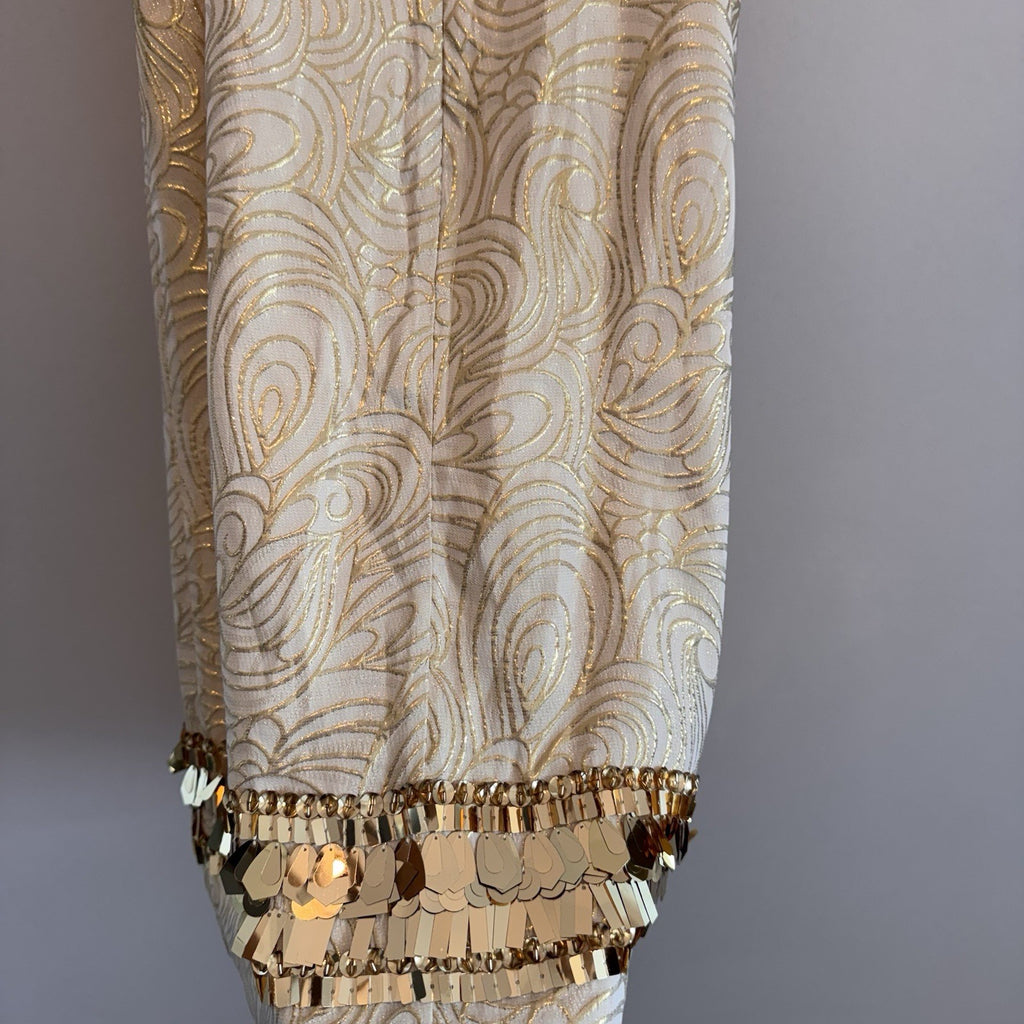 Lilly Pulitzer XS Silk Gold Metallic Fil Coupe Shift Dress Sequin Fringe Hem