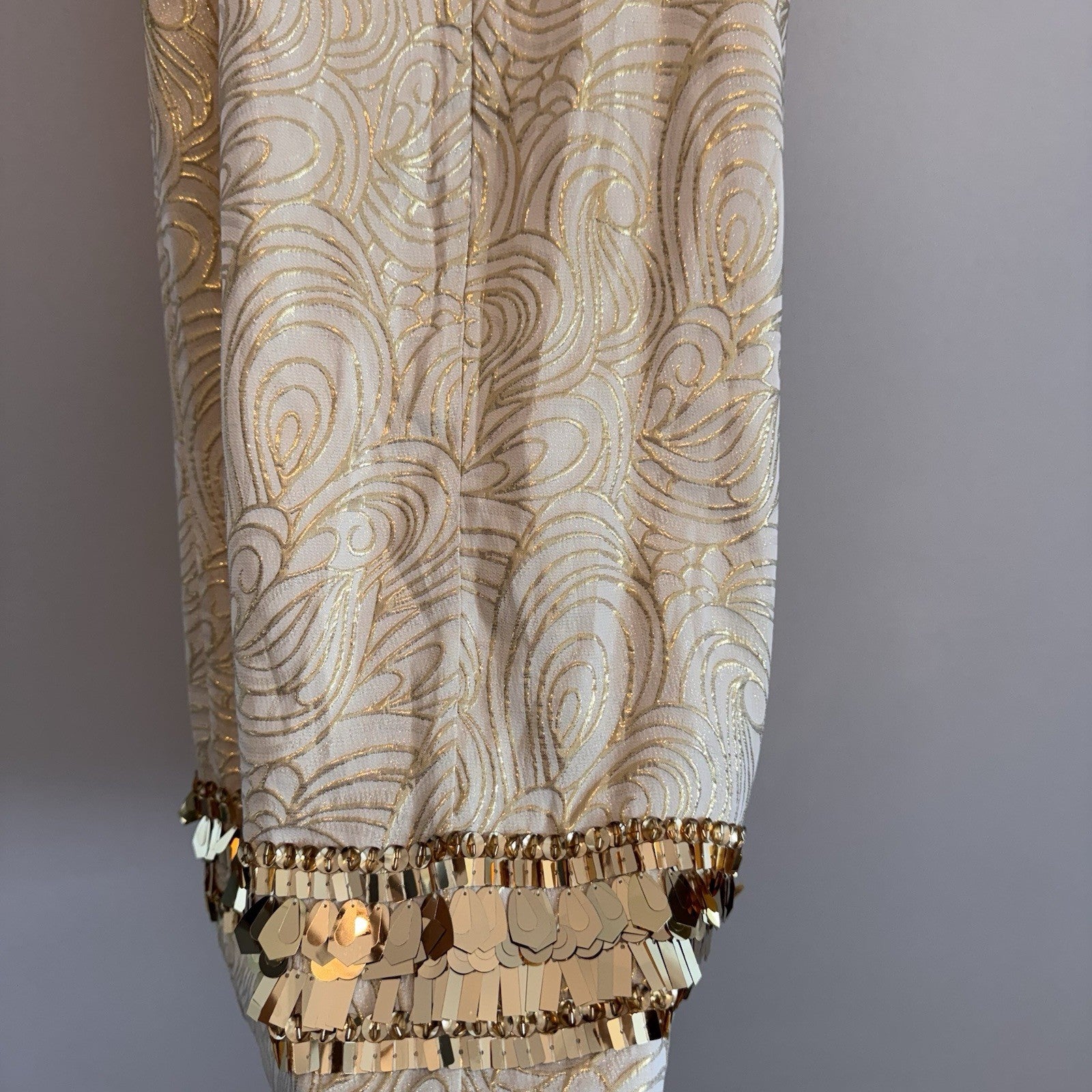 Lilly Pulitzer XS Silk Gold Metallic Fil Coupe Shift Dress Sequin Fringe Hem