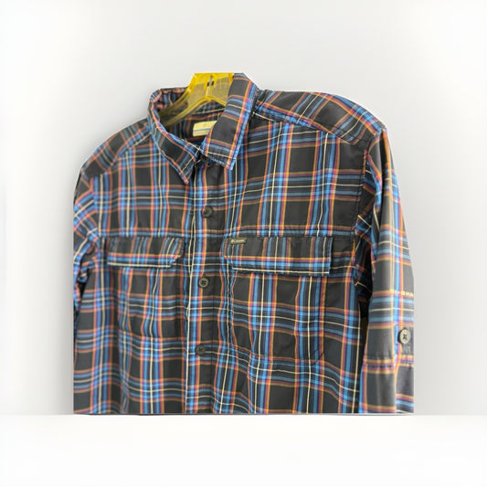 Columbia Mens S Plaid Fishing Shirt Blue Vented Omni-Shade Long Sleeve Nylon