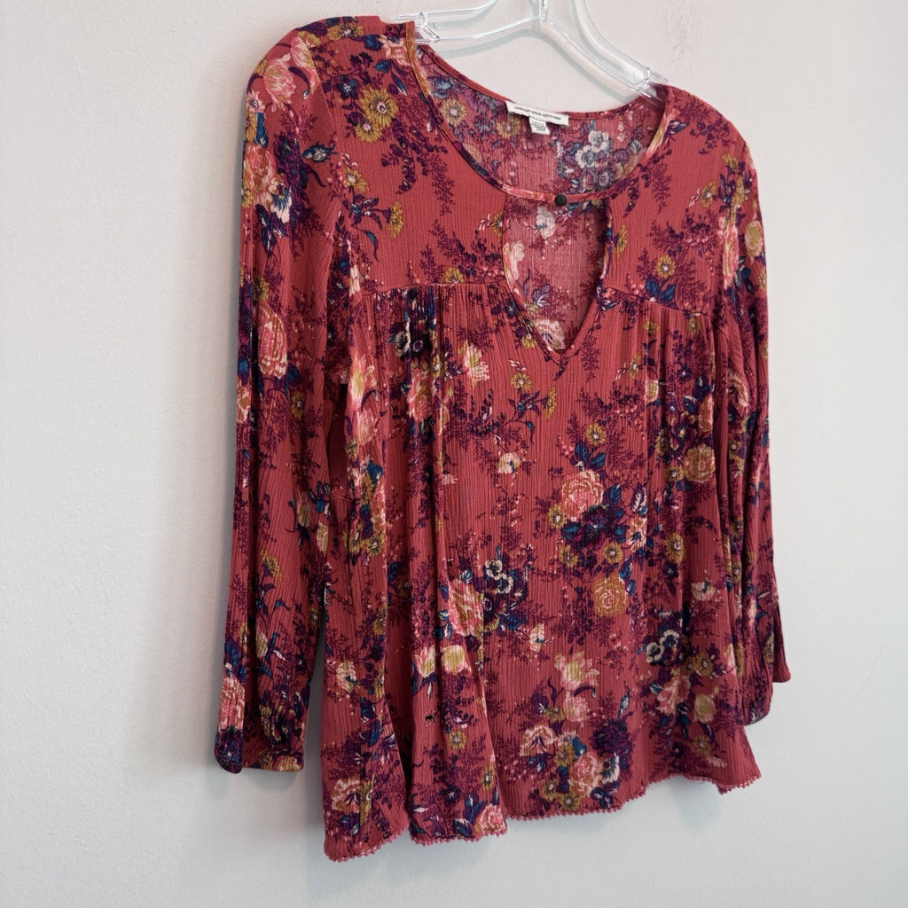 American Eagle Floral Boho Peasant Top Small Coral Pink Keyhole Long Sleeve