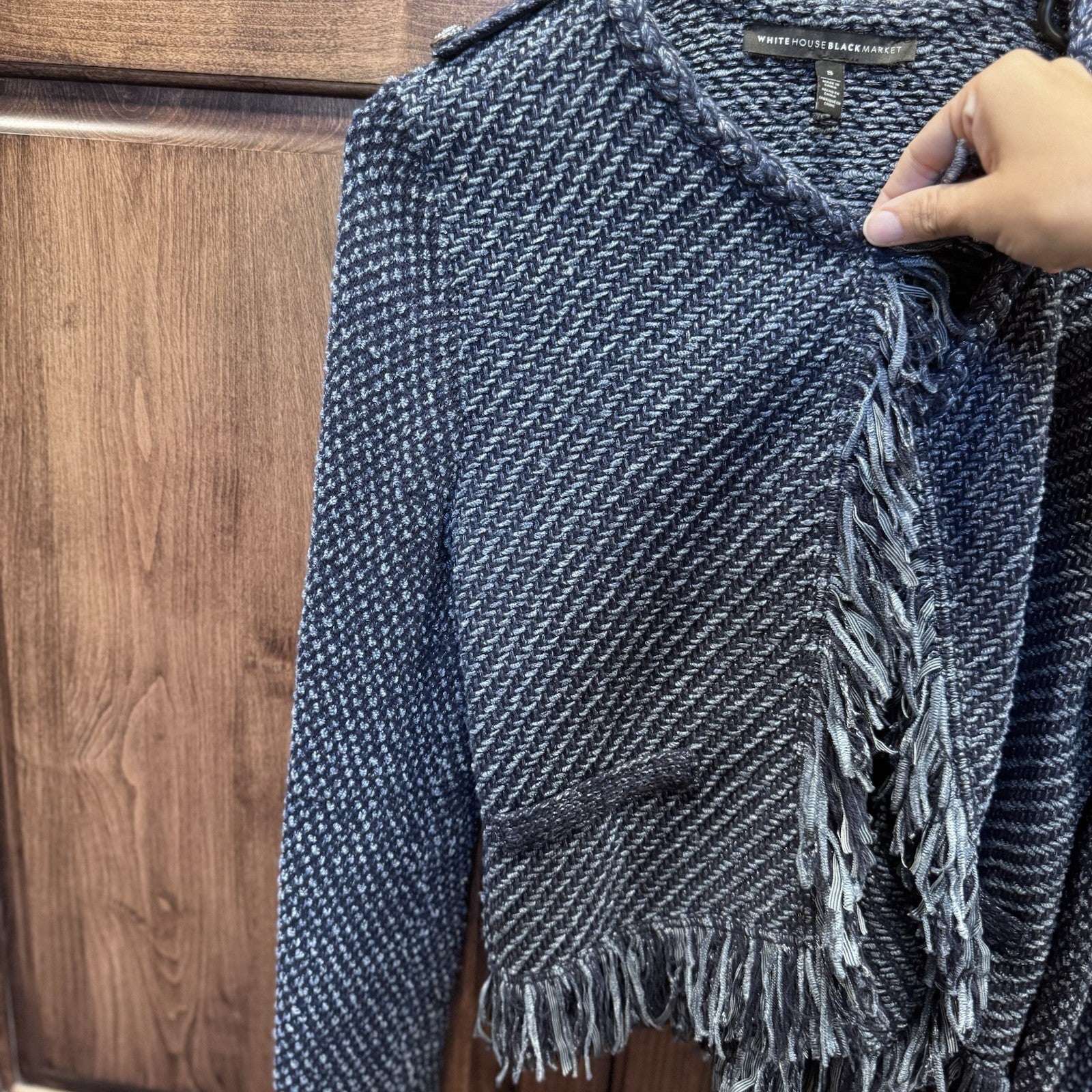 White House Black Market Women’s Fringe Tweed Knit Jacket Small Blue Open Front
