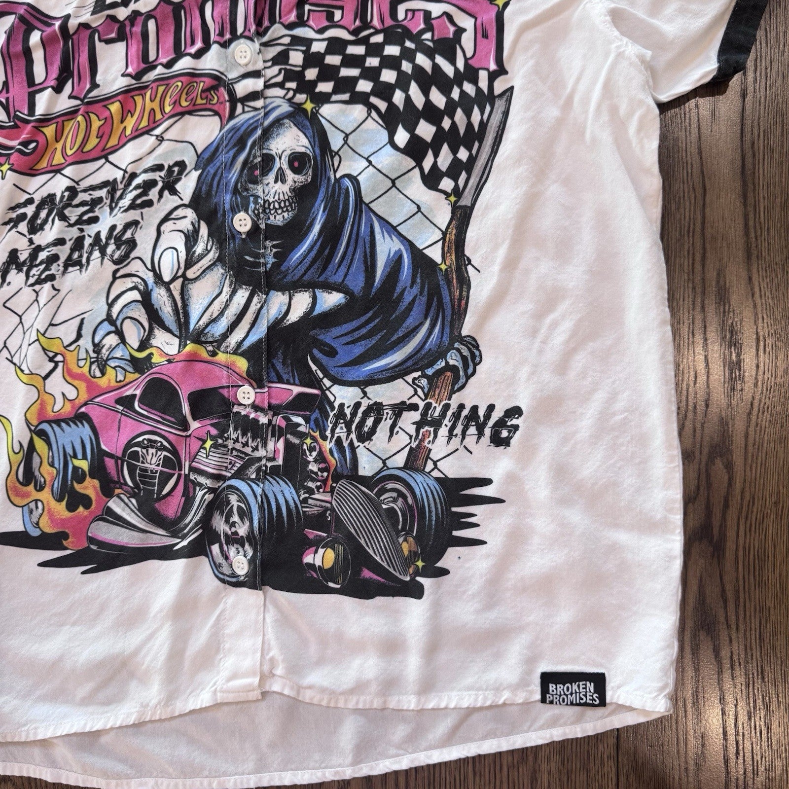 Broken Promises x Hot Wheels Shirt M Grim Reaper Flame Car Rayon Button-Up 2021
