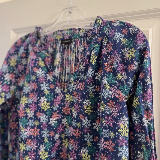 Talbots Women’s XS Metallic Snowflake Blouse Navy Multicolor Long Sleeve