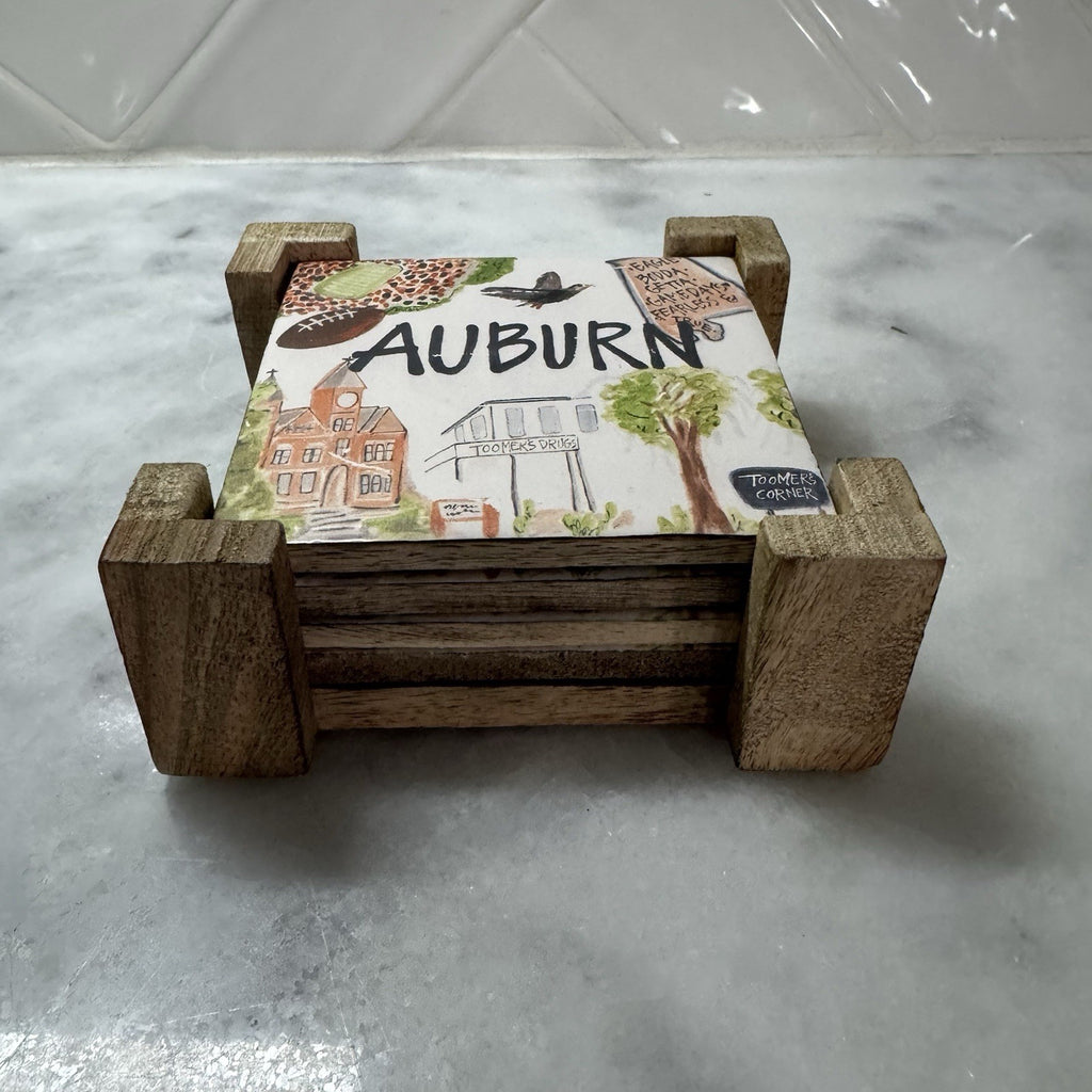 Auburn Alabama Ceramic Coaster Set w Wooden Holder Toomer’s Corner Tigers 4 New