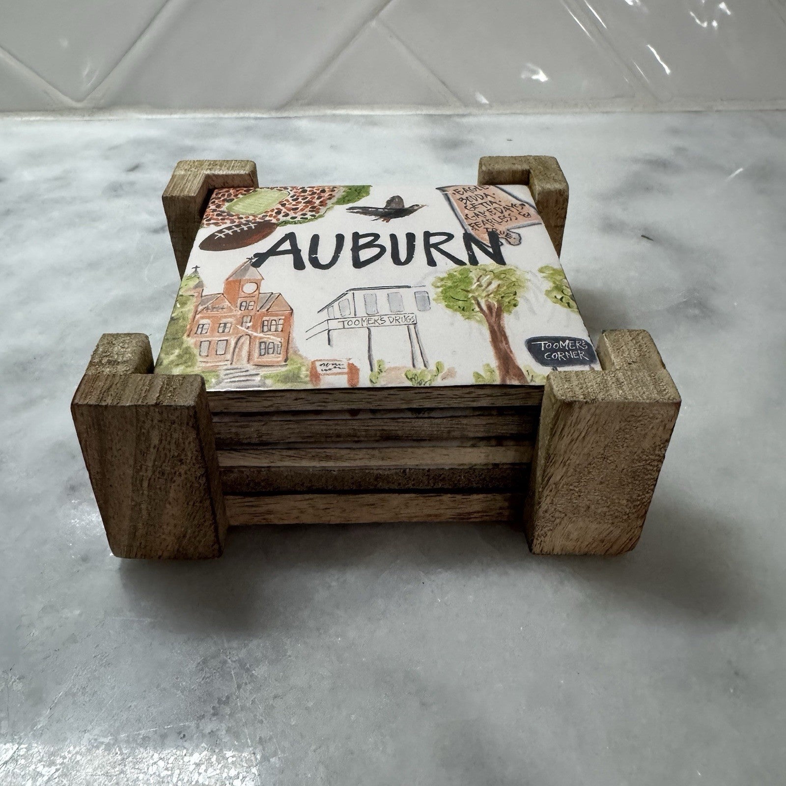 Auburn Alabama Ceramic Coaster Set w Wooden Holder Toomer’s Corner Tigers 4 New