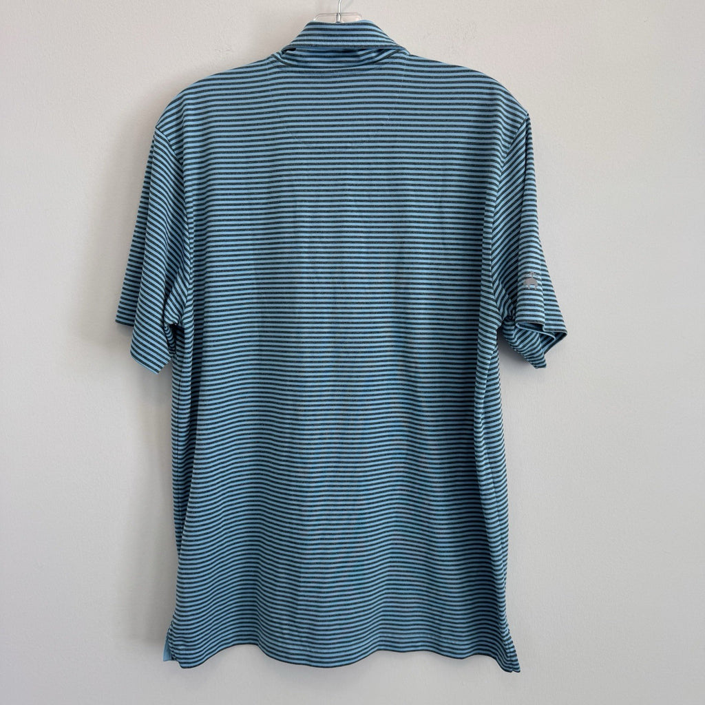 Brooks Brothers Mens Large Polo Shirt Blue Striped Performance Golf Sleeve Logo