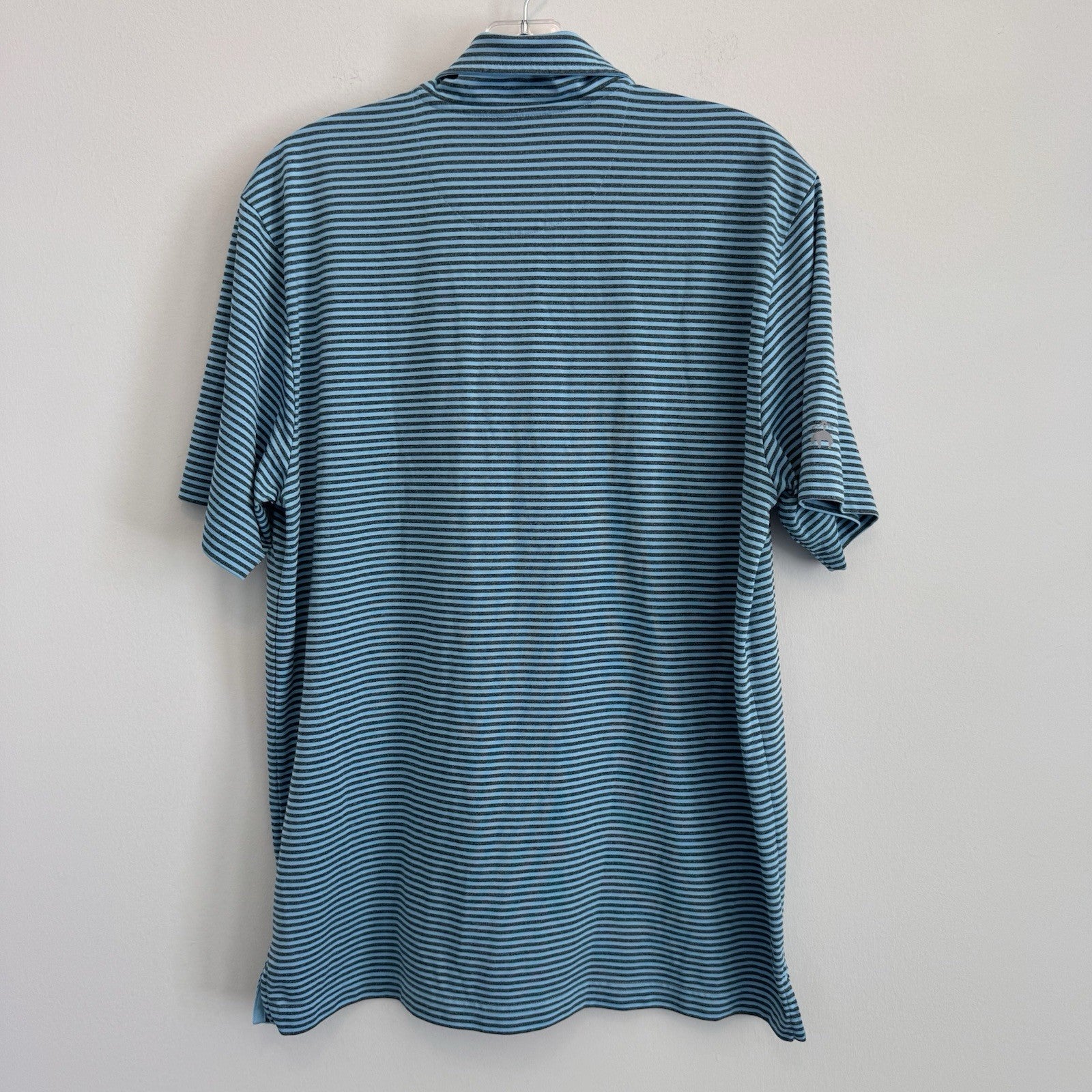 Brooks Brothers Mens Large Polo Shirt Blue Striped Performance Golf Sleeve Logo