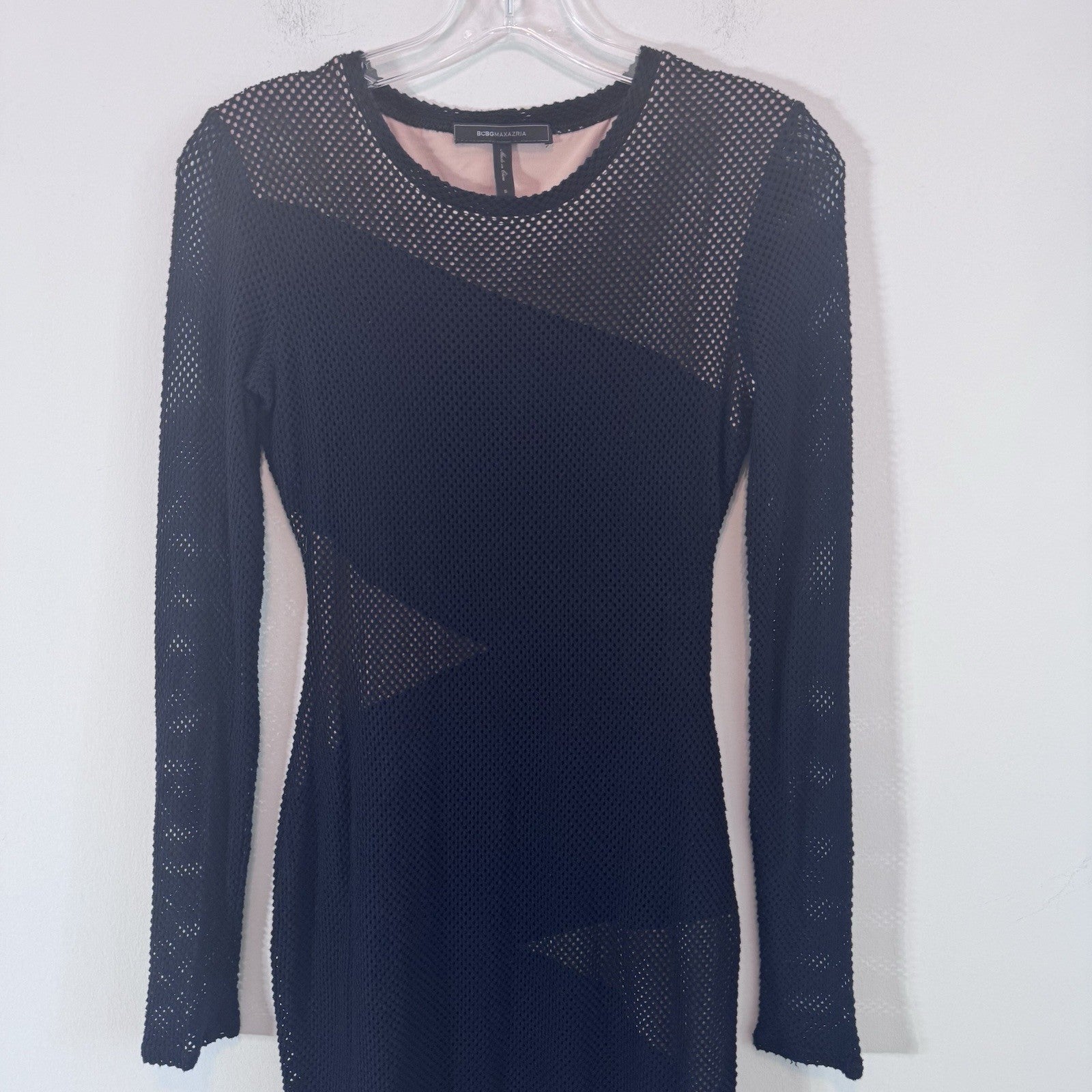 BCBGMAXAZRIA Black Mesh Bodycon Dress Small Long Sleeve Sexy Goth