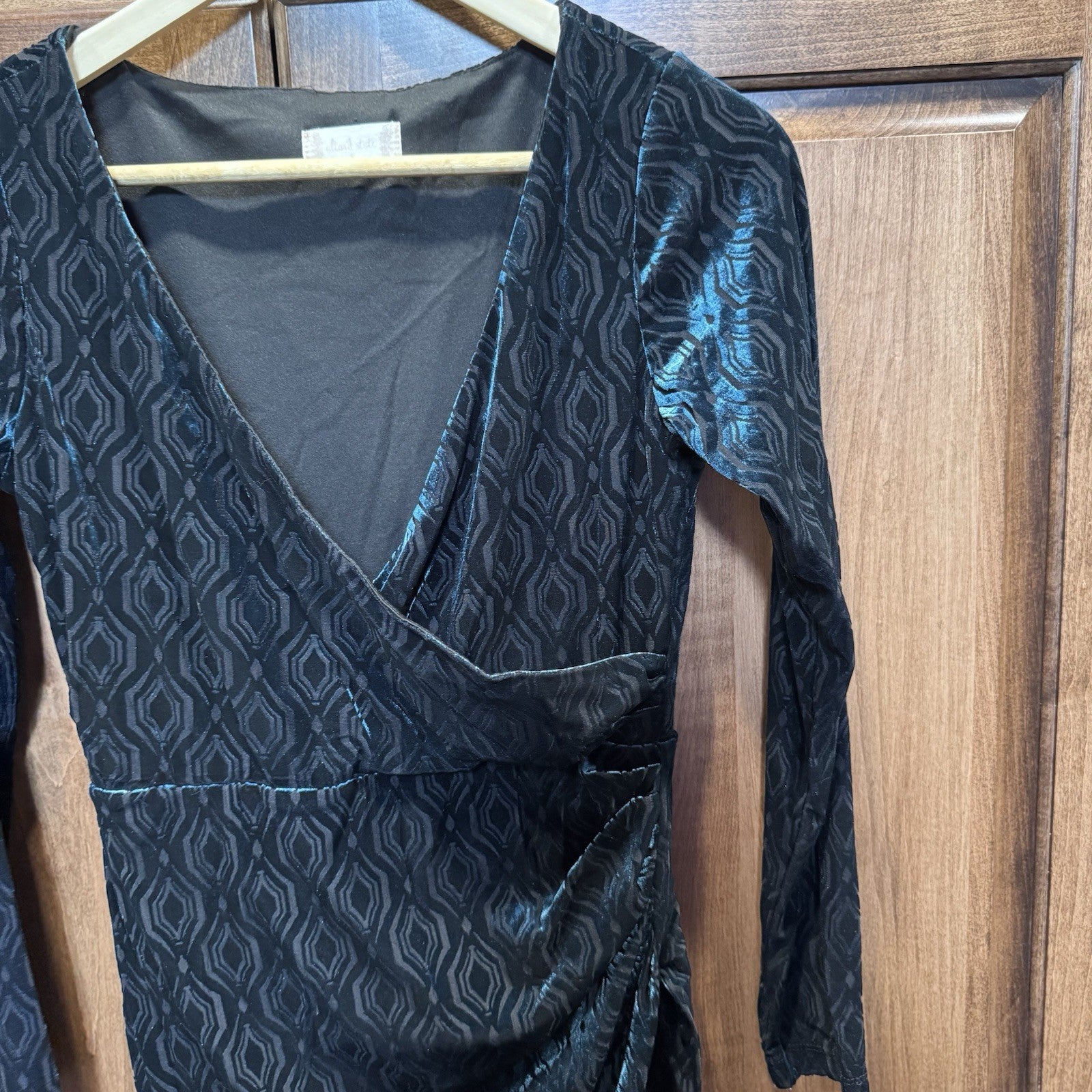 Altar’d State Elant Style Black Velvet Ruched Bodycon Dress Small Long Sleeve