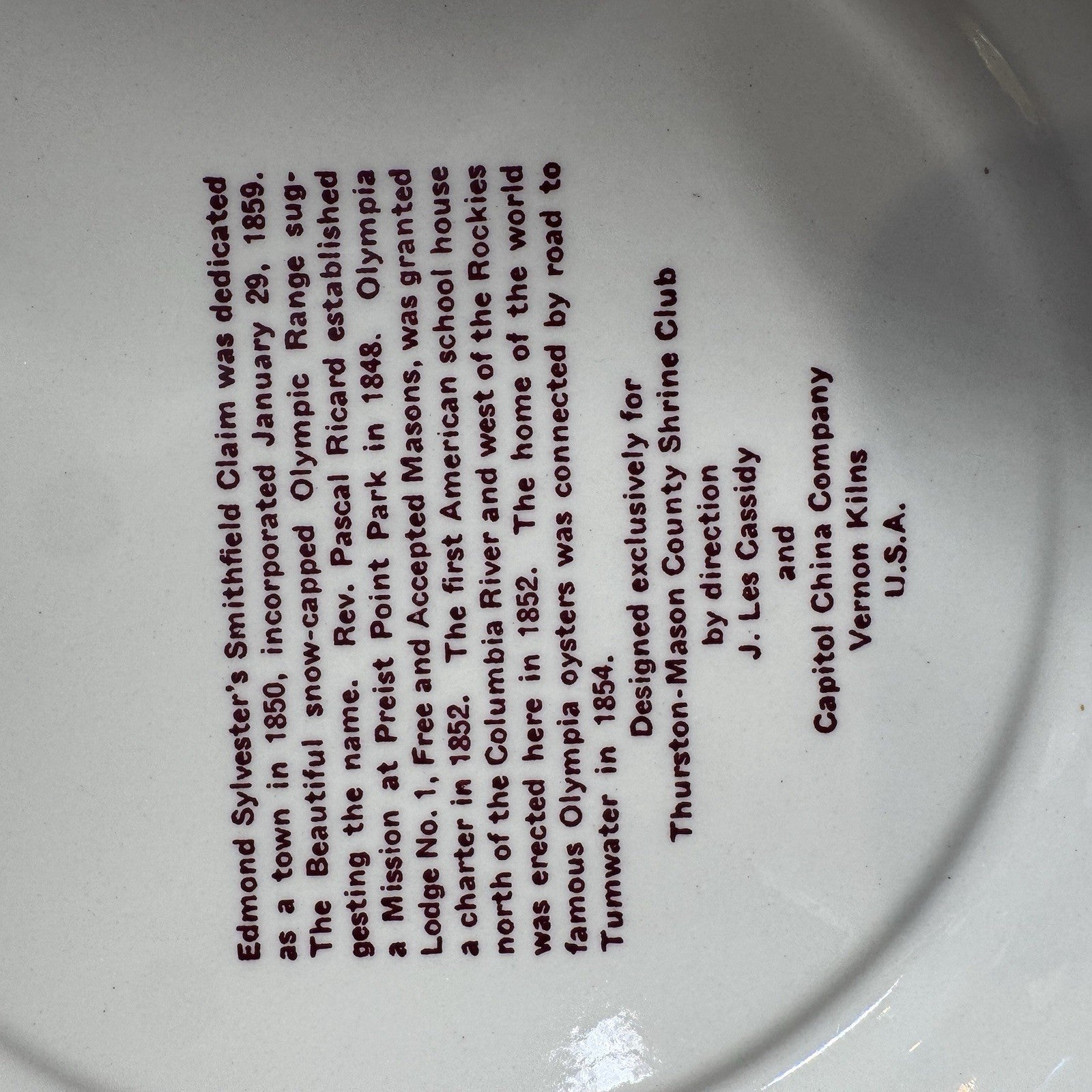 Vintage Olympia Washington First 100 Years 1850-1950 Commemorative Plate 10”