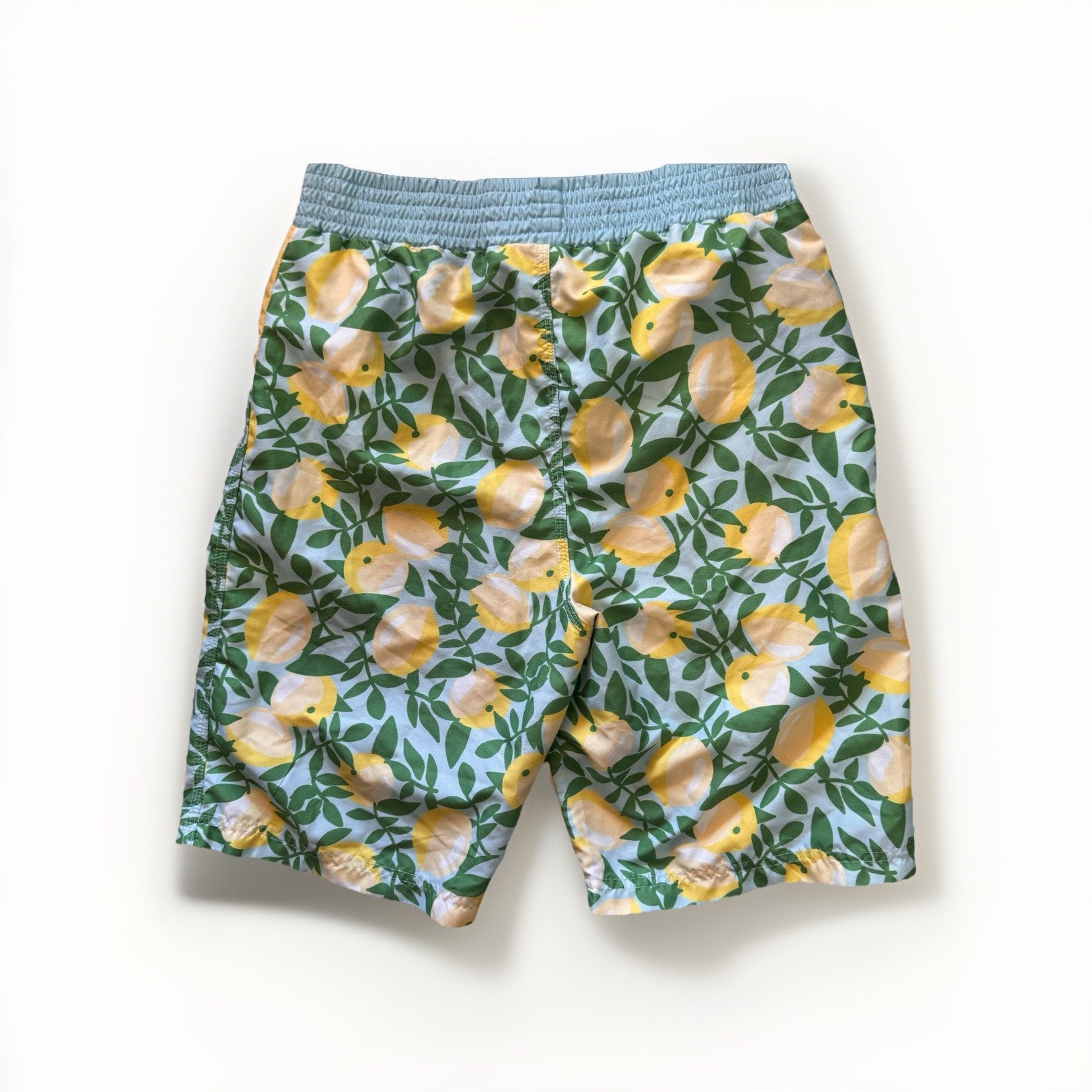 Matilda Jane Boys Size 14 Swim Trunks Board Shorts Lemon Print Blue Yellow Mesh