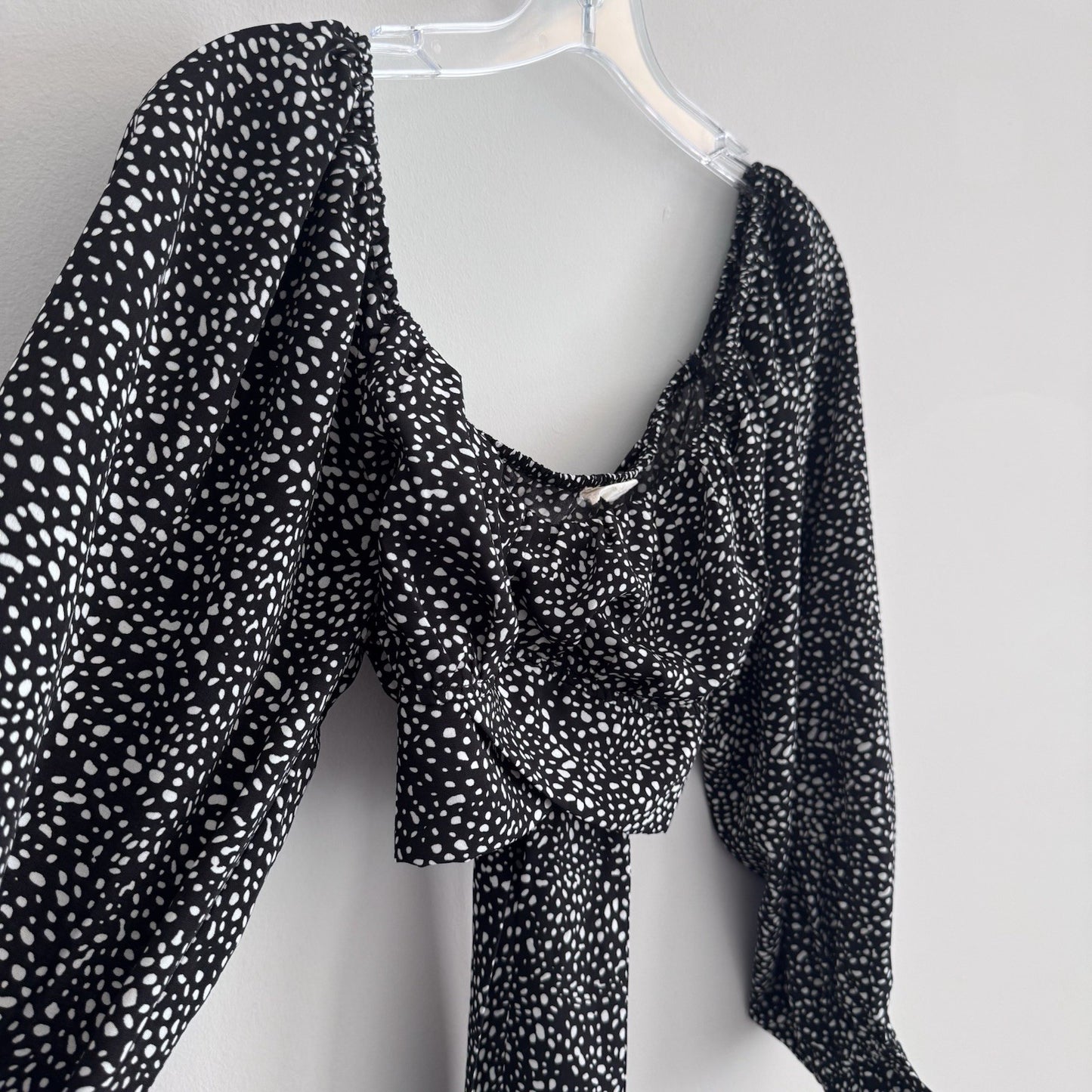Altar’d State Black Polka Dot Tie Back Crop Top Small Puff Sleeve