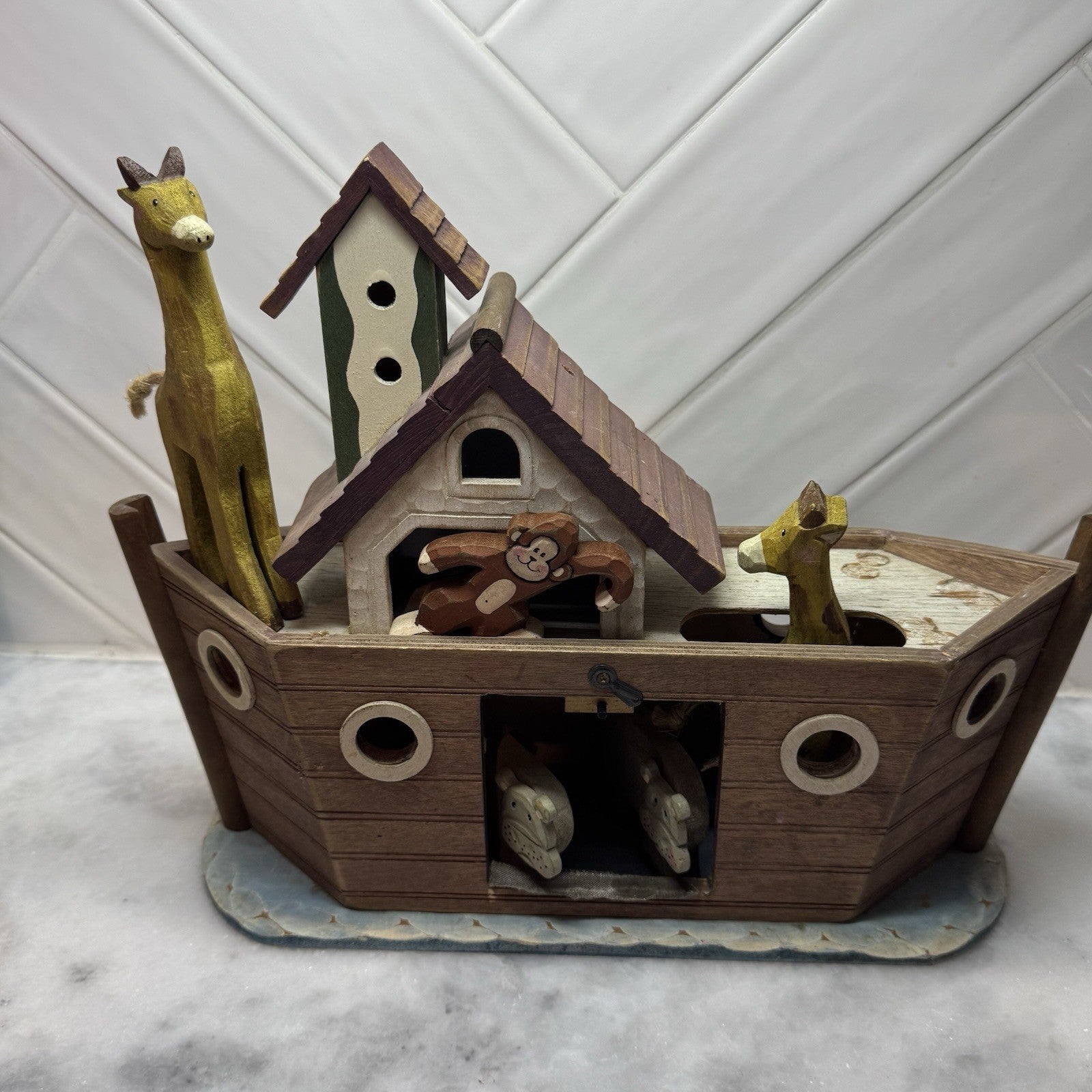 Wooden Noah’s Ark Toy Boat Animas Giraffe Monkey Nursery Decor Vintage Playset