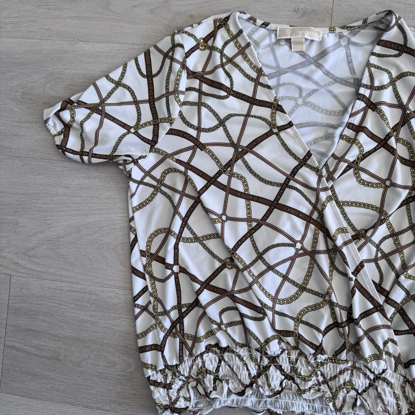 Michael Michael Kors Chain Print Wrap Top Womens Large White Gold Stretch