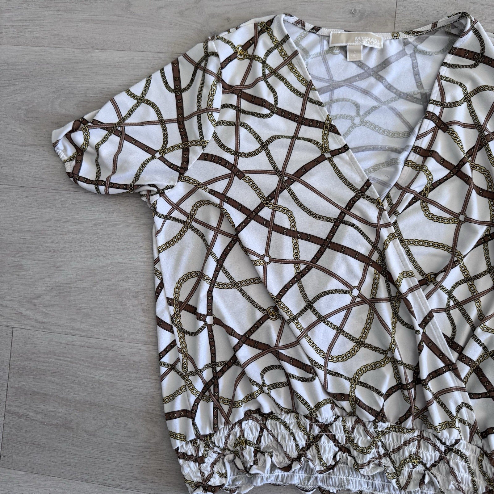 Michael Michael Kors Chain Print Wrap Top Womens Large White Gold Stretch