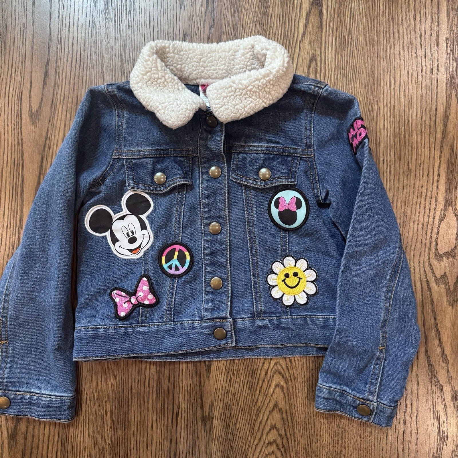 Disney Minnie Mouse Girls Denim Jacket Sherpa Collar Patchwork Size 4T