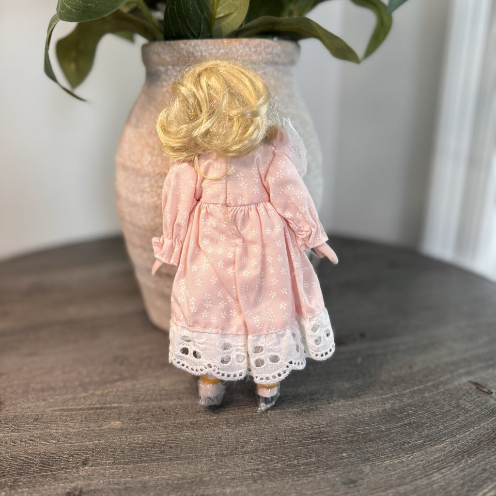 Vintage Porcelain Doll Blonde Blue Eyes Pink Floral Dress Lace Trim 8" Taiwan