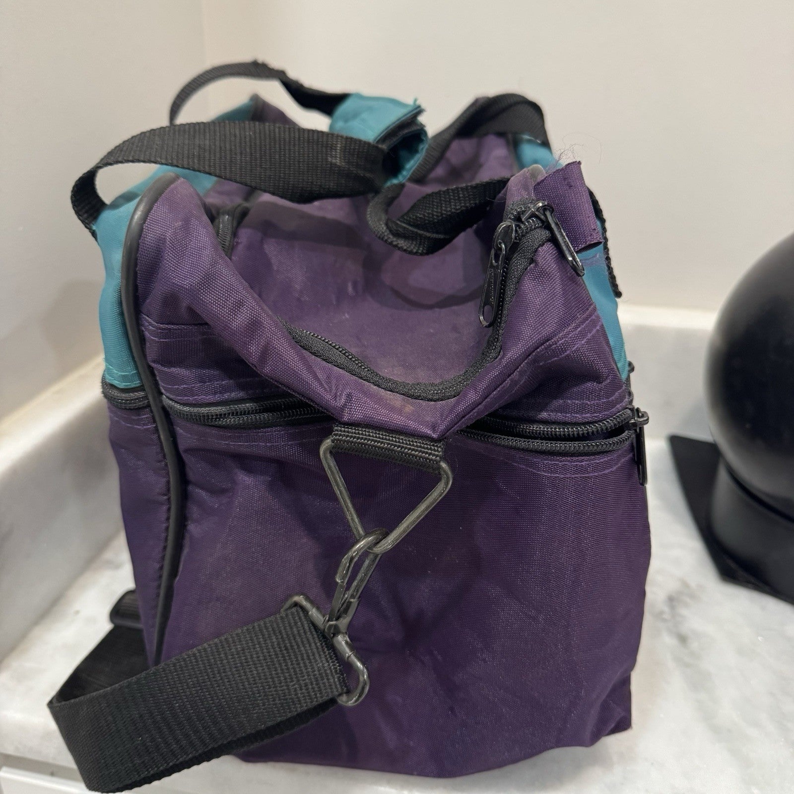 Vintage Brunswick Bowling Ball Bag with Stand And AMF Pro Ball.