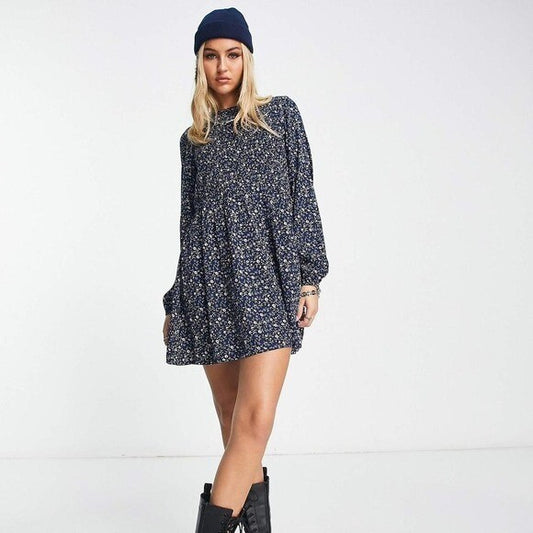 ASOS Size 6 Daisy Street shirred mini smock dress in navy ditsy floral