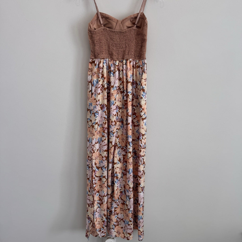 Band of the Free Floral Linen Maxi Dress Small Mauve Pink Smocked Corset Womens