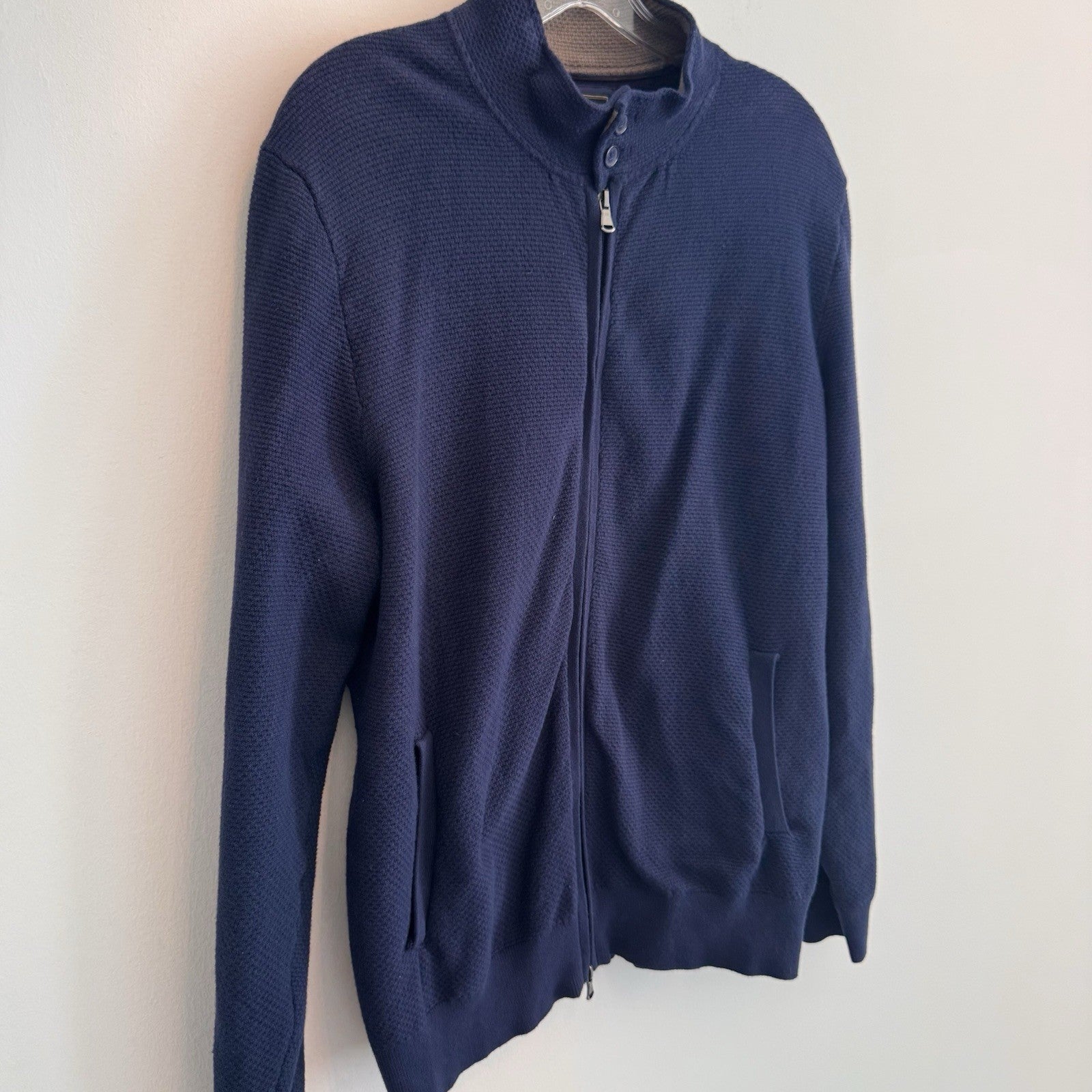 Jos A Bank Reserve Mens L Navy Blue Full Zip Sweater Jacket Cotton Silk Blend