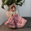 Vintage Bisque Porcelain Doll 8" Southern Belle Pink Satin Lace Dress Bonnet