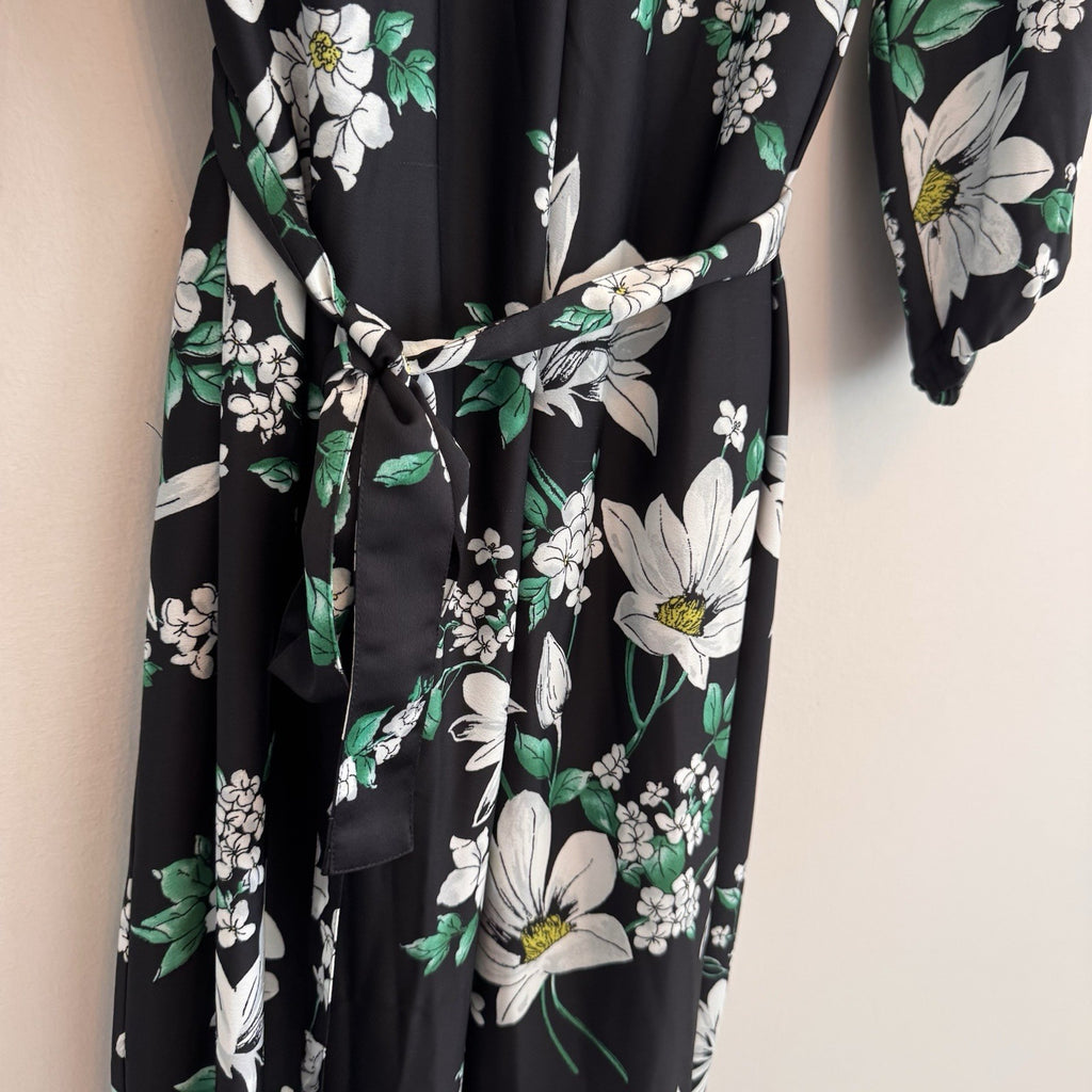 Jones New York NWT Medium Floral V-Neck Midi Dress Black Kelly Green Pockets