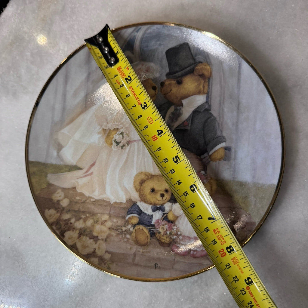 Franklin Mint Just Married Teddy Bear Wedding Collector Plate 8” Gold Trim